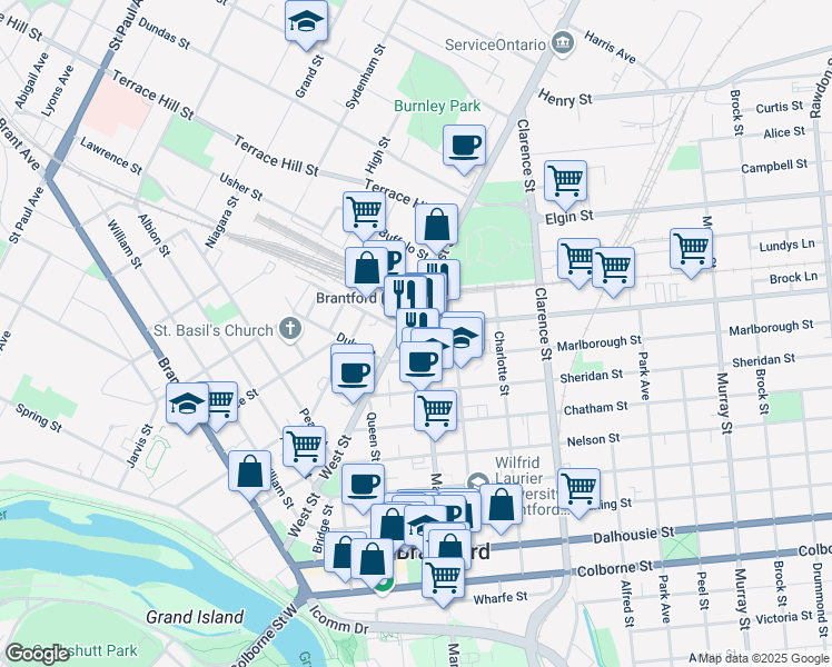 map of restaurants, bars, coffee shops, grocery stores, and more near 208 Market Street in Brantford