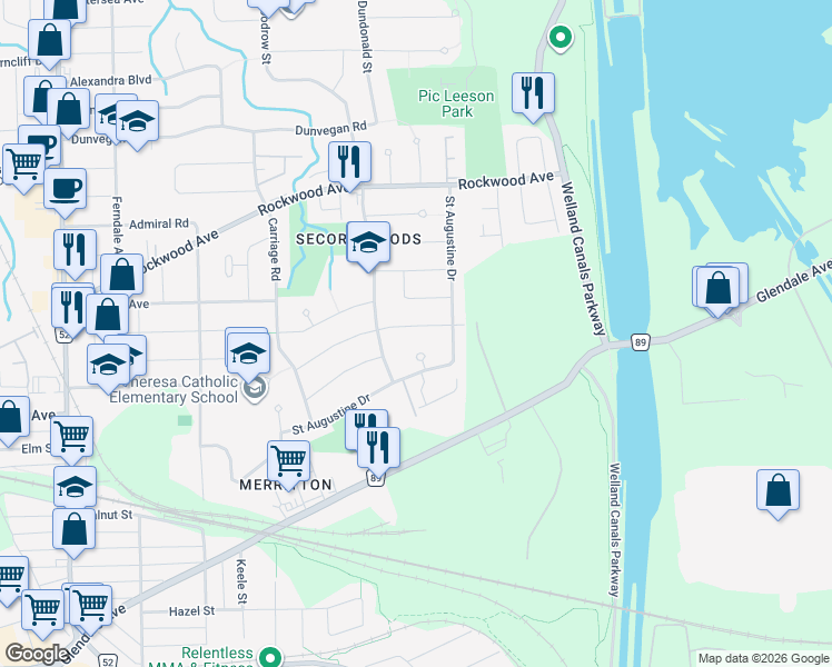 map of restaurants, bars, coffee shops, grocery stores, and more near 80 Green Maple Drive in St. Catharines