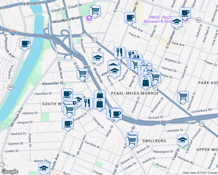 map of restaurants, bars, coffee shops, grocery stores, and more near 236 Pearl Street in Rochester