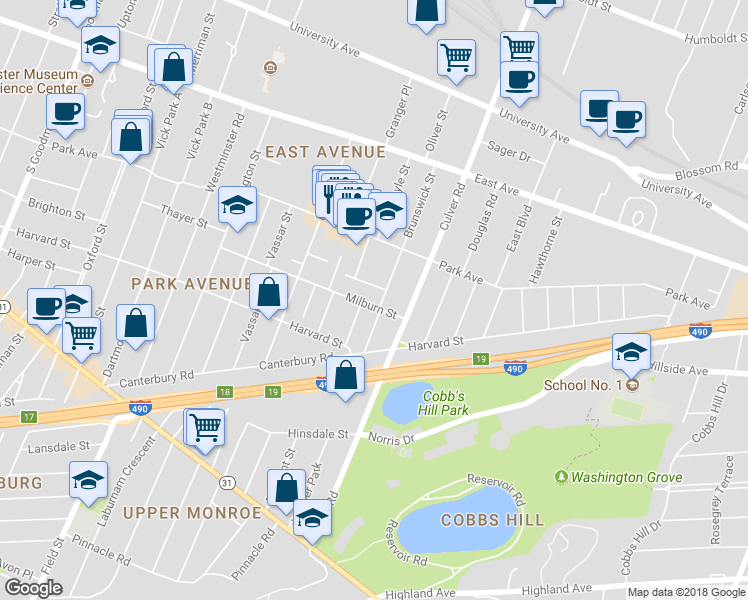 map of restaurants, bars, coffee shops, grocery stores, and more near 246 Milburn Street in Rochester