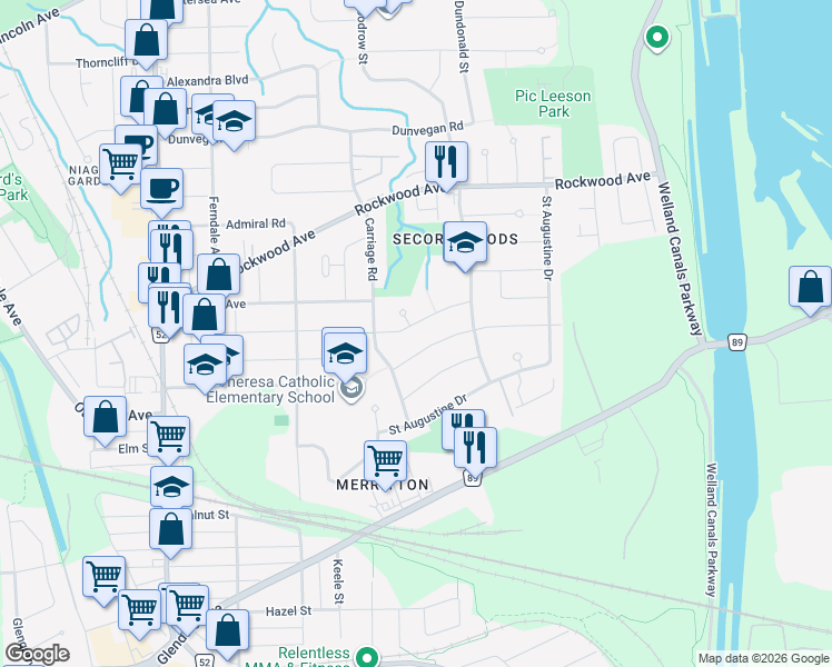 map of restaurants, bars, coffee shops, grocery stores, and more near in St. Catharines