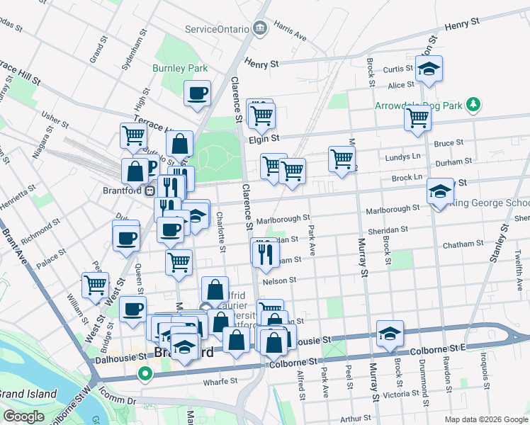 map of restaurants, bars, coffee shops, grocery stores, and more near 104 Marlborough Street in Brantford