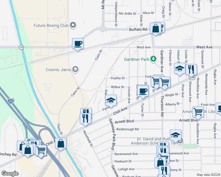 map of restaurants, bars, coffee shops, grocery stores, and more near 72 Wilbur Street in Rochester