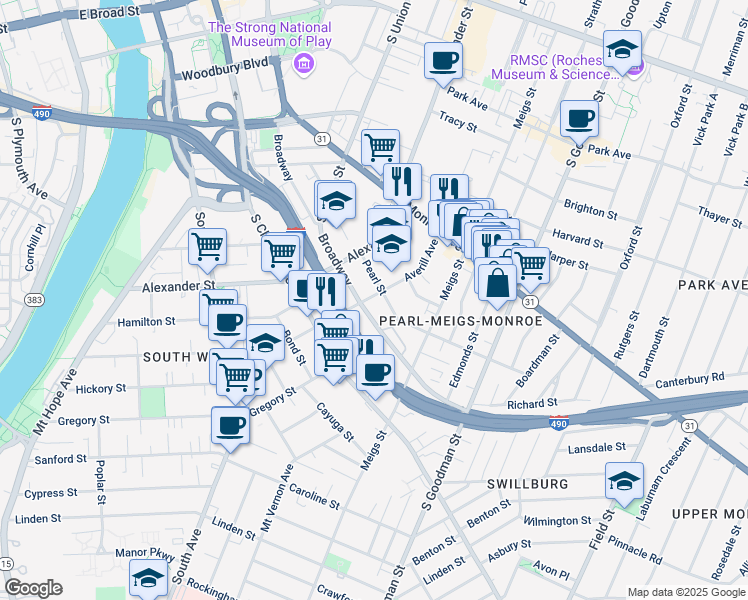 map of restaurants, bars, coffee shops, grocery stores, and more near 455 Averill Avenue in Rochester