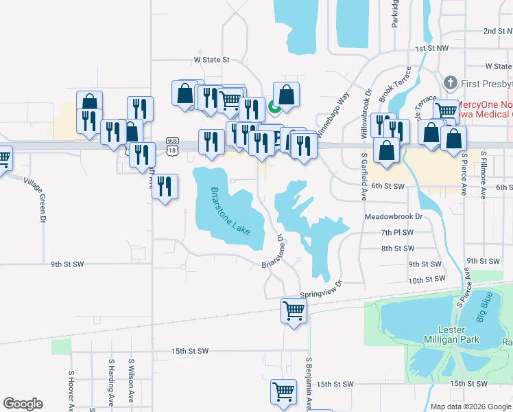 map of restaurants, bars, coffee shops, grocery stores, and more near 660 Briarstone Drive in Mason City