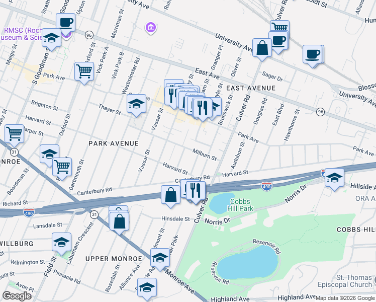 map of restaurants, bars, coffee shops, grocery stores, and more near 192 Milburn Street in Rochester