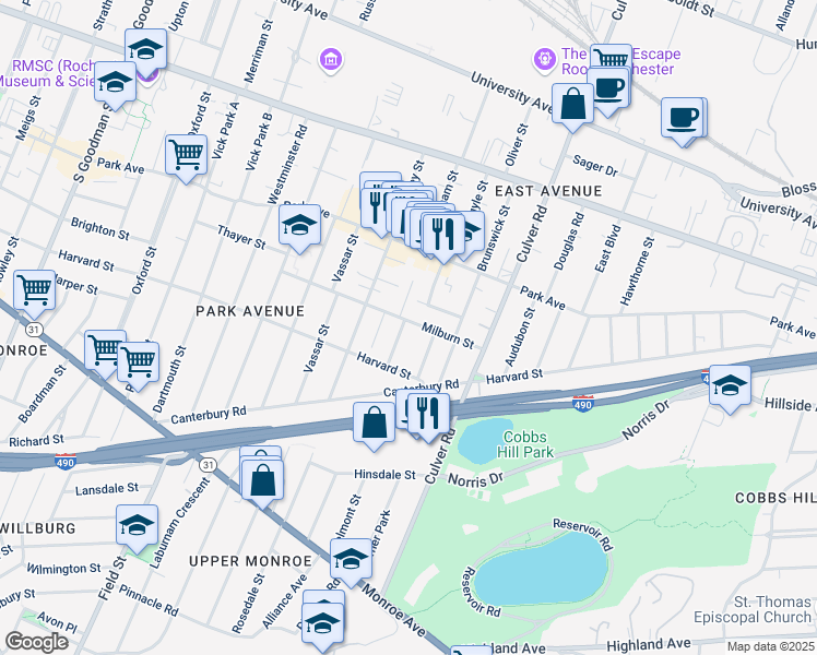 map of restaurants, bars, coffee shops, grocery stores, and more near 192 Milburn Street in Rochester