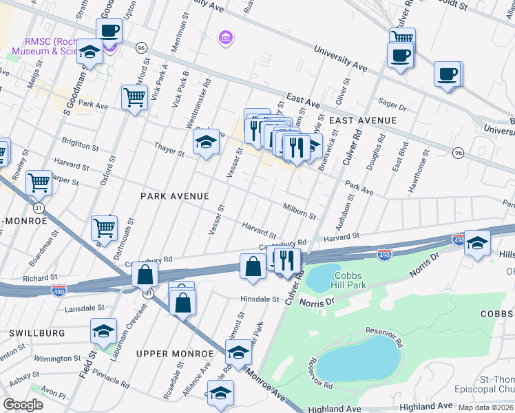 map of restaurants, bars, coffee shops, grocery stores, and more near 143 Milburn Street in Rochester
