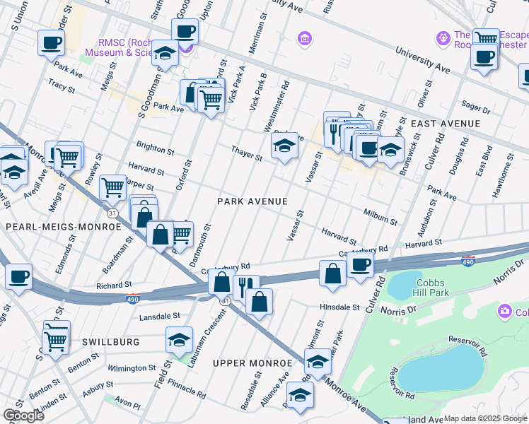 map of restaurants, bars, coffee shops, grocery stores, and more near 259 Barrington Street in Rochester
