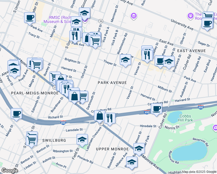 map of restaurants, bars, coffee shops, grocery stores, and more near 285 Westminster Road in Rochester