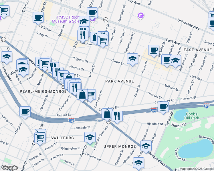 map of restaurants, bars, coffee shops, grocery stores, and more near 169 Dartmouth Street in Rochester