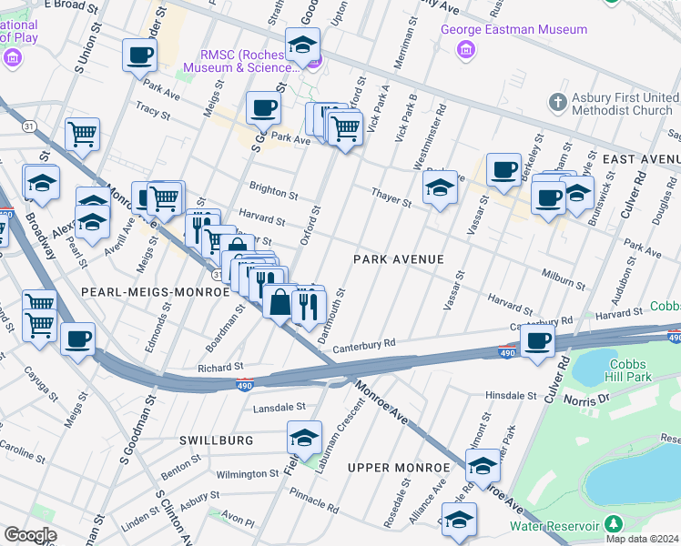 map of restaurants, bars, coffee shops, grocery stores, and more near 169 Dartmouth Street in Rochester