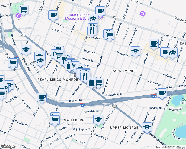 map of restaurants, bars, coffee shops, grocery stores, and more near 70 Wilmer Street in Rochester