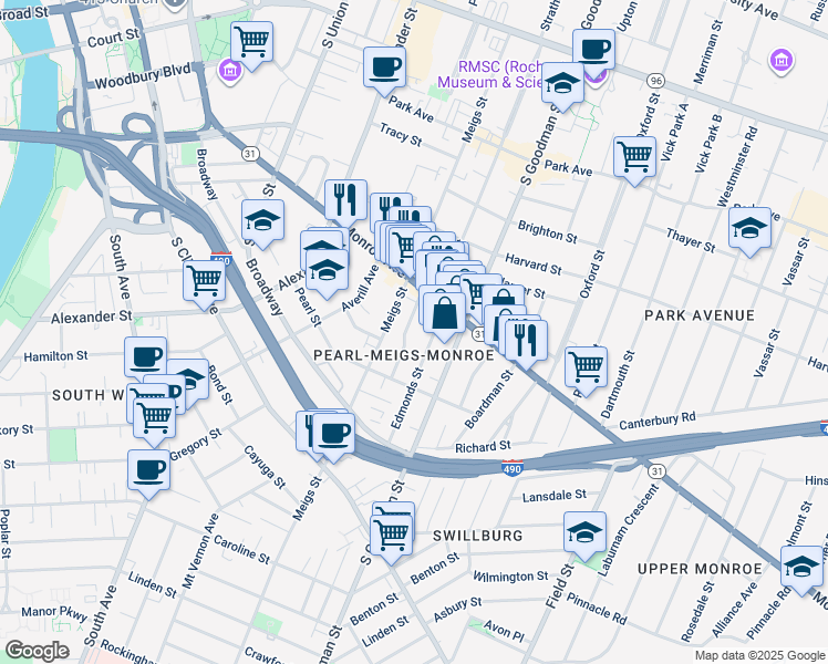 map of restaurants, bars, coffee shops, grocery stores, and more near 416 Meigs Street in Rochester