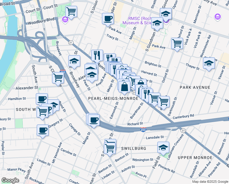 map of restaurants, bars, coffee shops, grocery stores, and more near 416 Meigs Street in Rochester