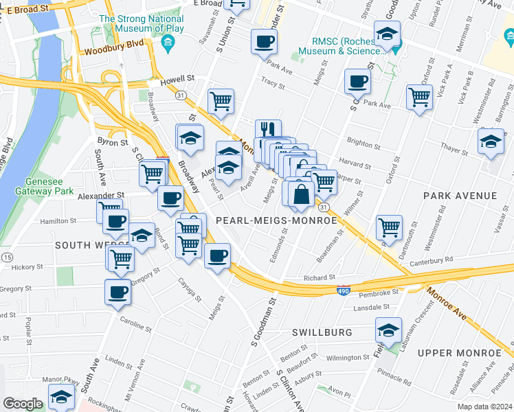 map of restaurants, bars, coffee shops, grocery stores, and more near 22 Elmhurst Street in Rochester