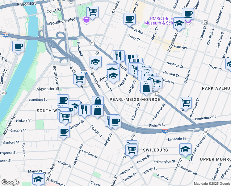 map of restaurants, bars, coffee shops, grocery stores, and more near 236 Pearl Street in Rochester