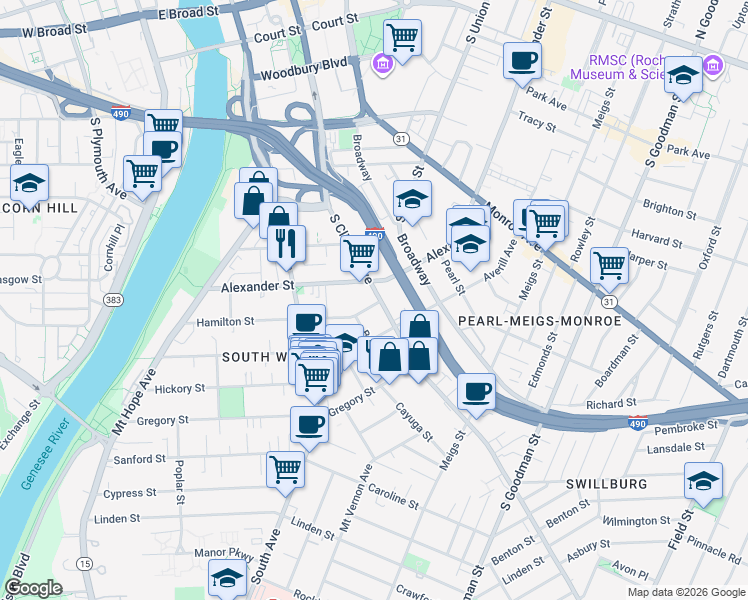 map of restaurants, bars, coffee shops, grocery stores, and more near 561 South Clinton Avenue in Rochester