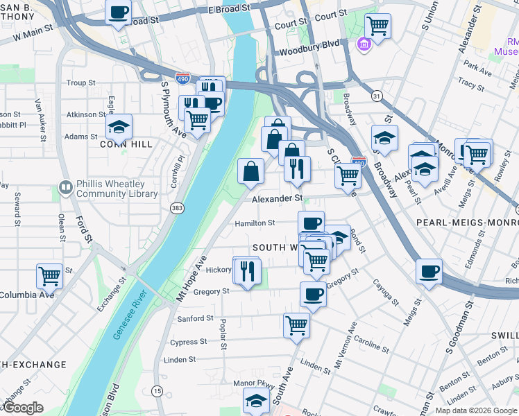map of restaurants, bars, coffee shops, grocery stores, and more near 11 Alexander Street in Rochester