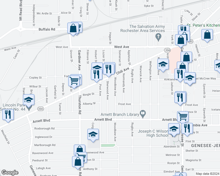 map of restaurants, bars, coffee shops, grocery stores, and more near 47 Woodbine Avenue in Rochester