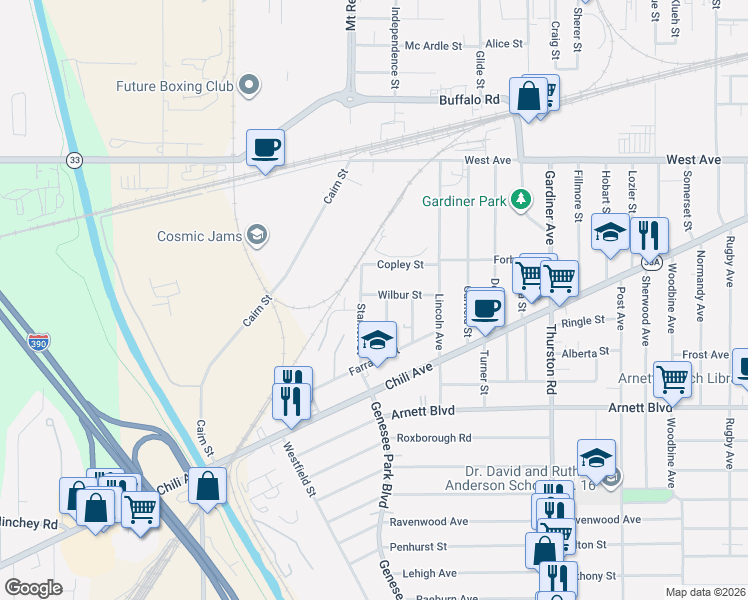 map of restaurants, bars, coffee shops, grocery stores, and more near 72 Wilbur Street in Rochester