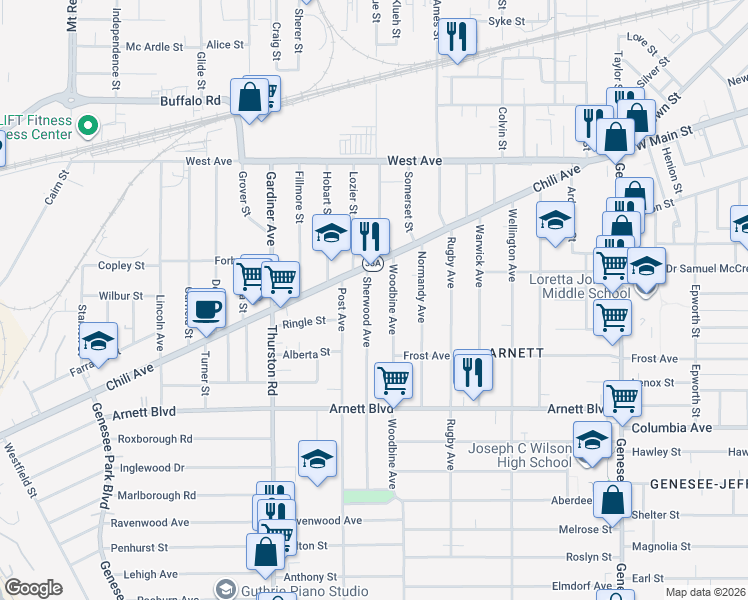 map of restaurants, bars, coffee shops, grocery stores, and more near 47 Woodbine Avenue in Rochester