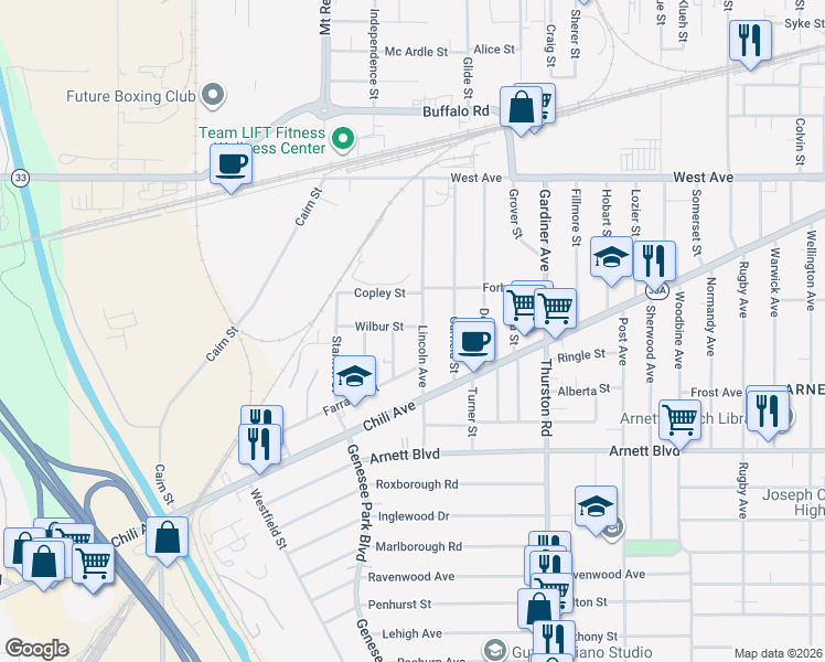 map of restaurants, bars, coffee shops, grocery stores, and more near 18 Wilbur Street in Rochester