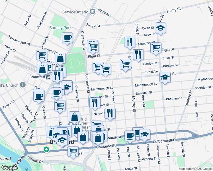 map of restaurants, bars, coffee shops, grocery stores, and more near 112 Grey Street in Brantford