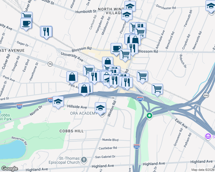 map of restaurants, bars, coffee shops, grocery stores, and more near 1771 East Avenue in Rochester