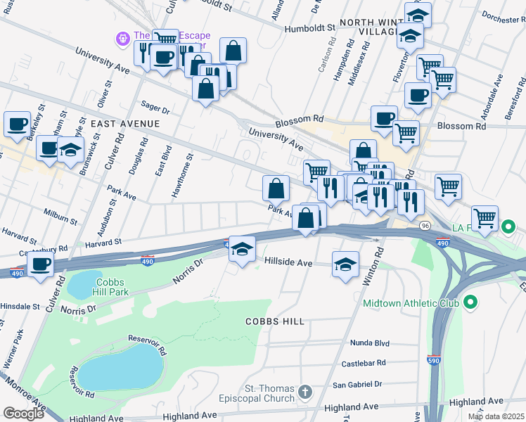 map of restaurants, bars, coffee shops, grocery stores, and more near 1211 Park Avenue in Rochester
