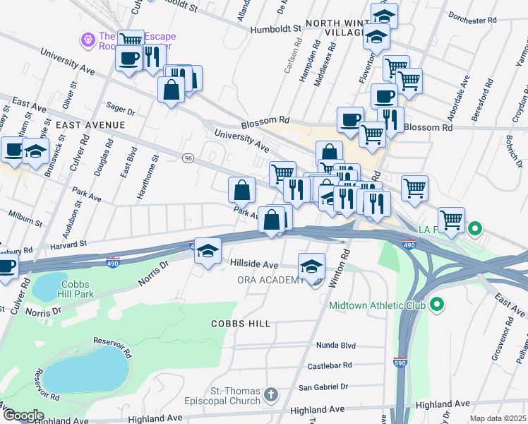 map of restaurants, bars, coffee shops, grocery stores, and more near 1337 Park Avenue in Rochester