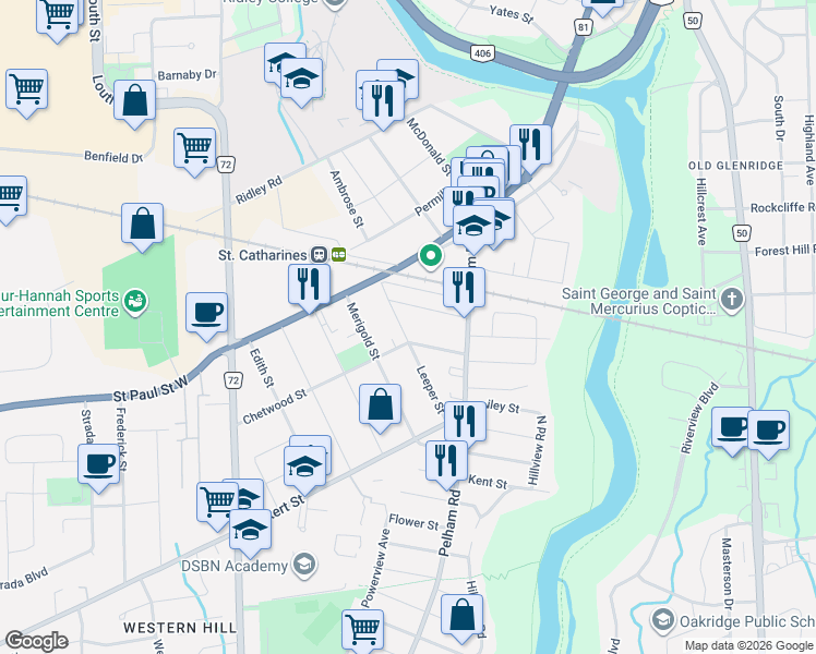 map of restaurants, bars, coffee shops, grocery stores, and more near 19 Leeper Street in St. Catharines