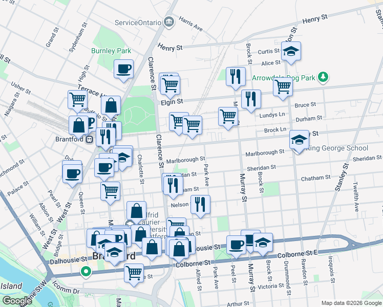 map of restaurants, bars, coffee shops, grocery stores, and more near 111 Grey Street in Brantford