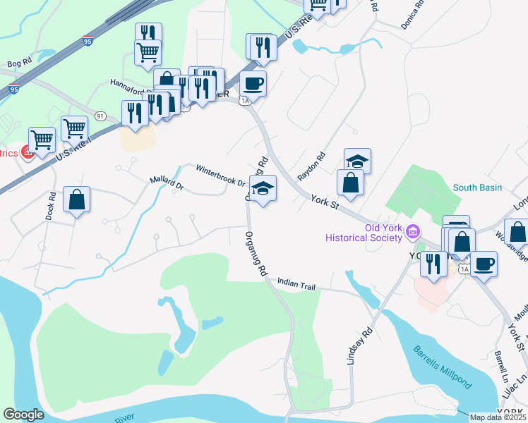 map of restaurants, bars, coffee shops, grocery stores, and more near 30 Organug Road in York