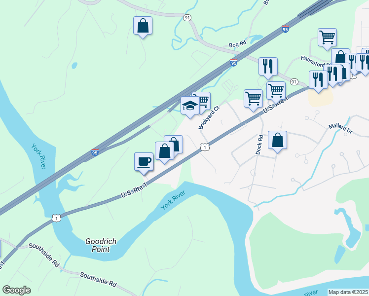 map of restaurants, bars, coffee shops, grocery stores, and more near 296 U.S. Highway 1 in York