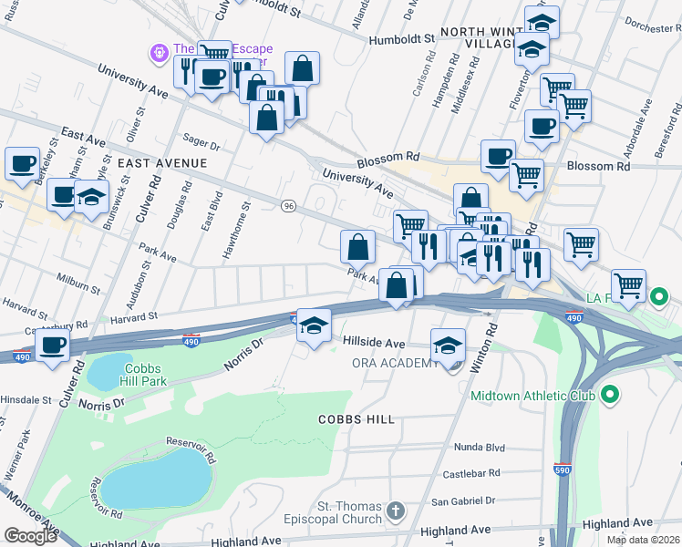 map of restaurants, bars, coffee shops, grocery stores, and more near 1200 Park Avenue in Rochester