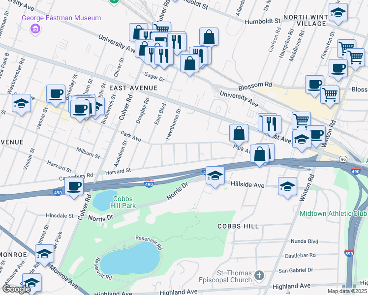 map of restaurants, bars, coffee shops, grocery stores, and more near 1020 Park Avenue in Rochester