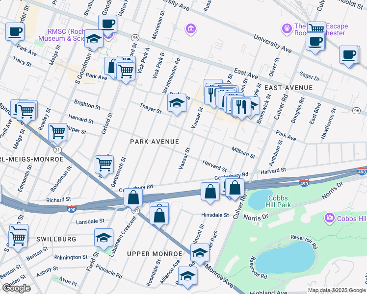 map of restaurants, bars, coffee shops, grocery stores, and more near 143 Edgerton Street in Rochester