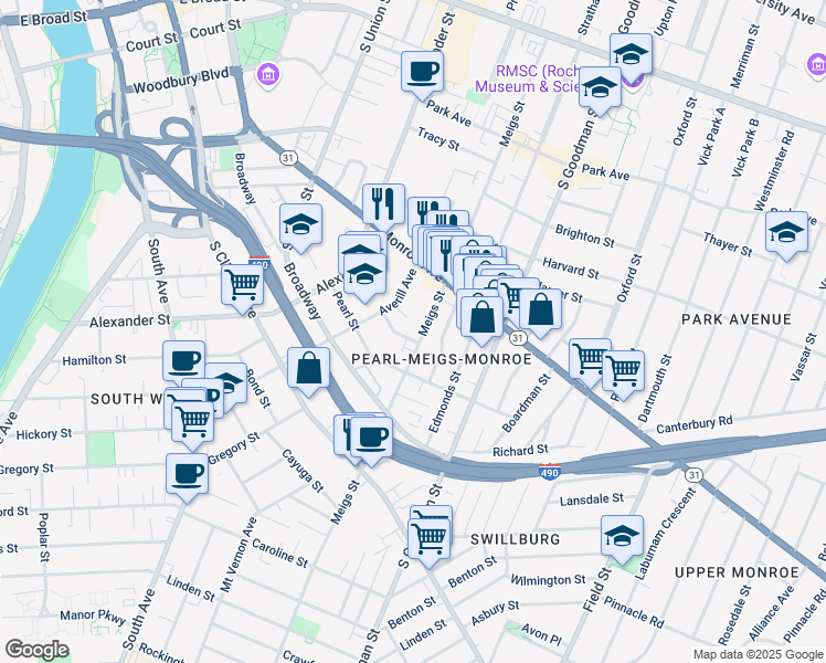 map of restaurants, bars, coffee shops, grocery stores, and more near 22 Elmhurst Street in Rochester