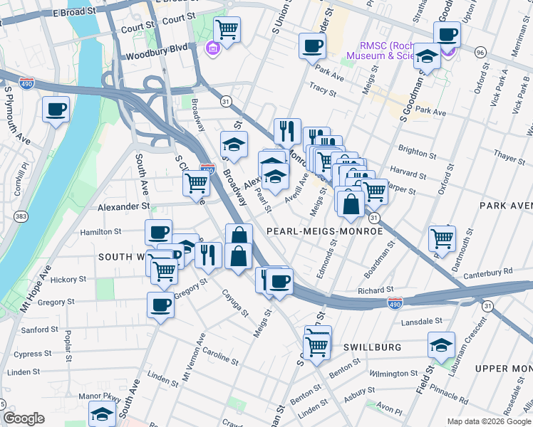 map of restaurants, bars, coffee shops, grocery stores, and more near 236 Pearl Street in Rochester