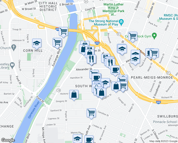 map of restaurants, bars, coffee shops, grocery stores, and more near 503-505 South Avenue in Rochester