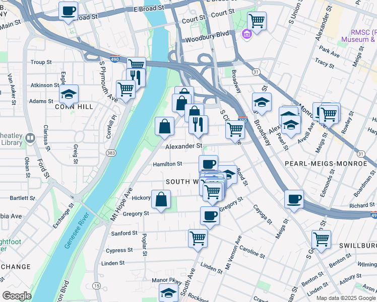 map of restaurants, bars, coffee shops, grocery stores, and more near 33 Alexander Street in Rochester