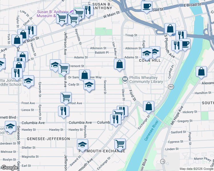 map of restaurants, bars, coffee shops, grocery stores, and more near 50 Cady Street in Rochester