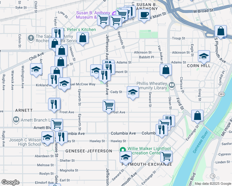 map of restaurants, bars, coffee shops, grocery stores, and more near 124 Cady Street in Rochester