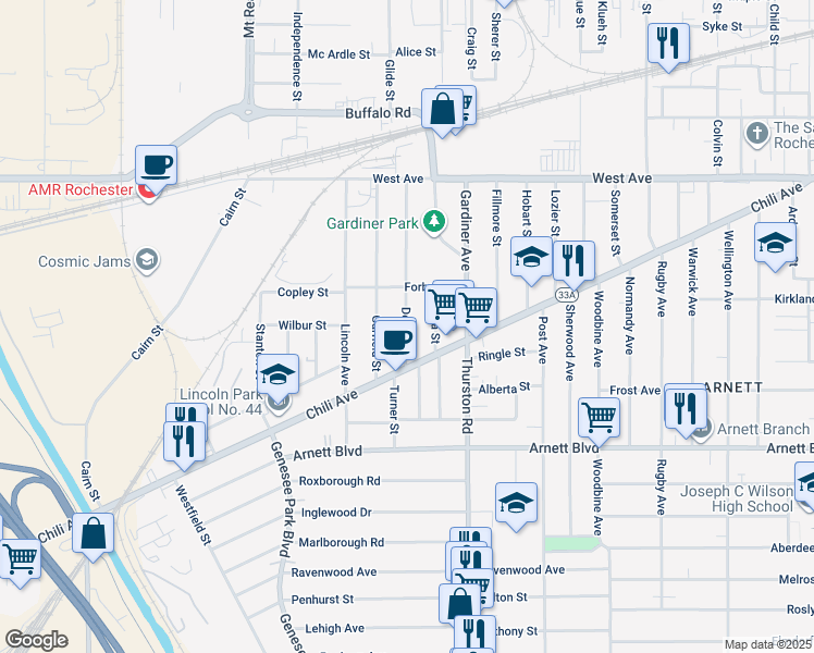 map of restaurants, bars, coffee shops, grocery stores, and more near 189 Depew Street in Rochester