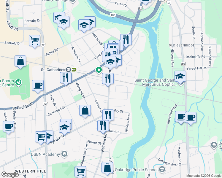 map of restaurants, bars, coffee shops, grocery stores, and more near in St. Catharines