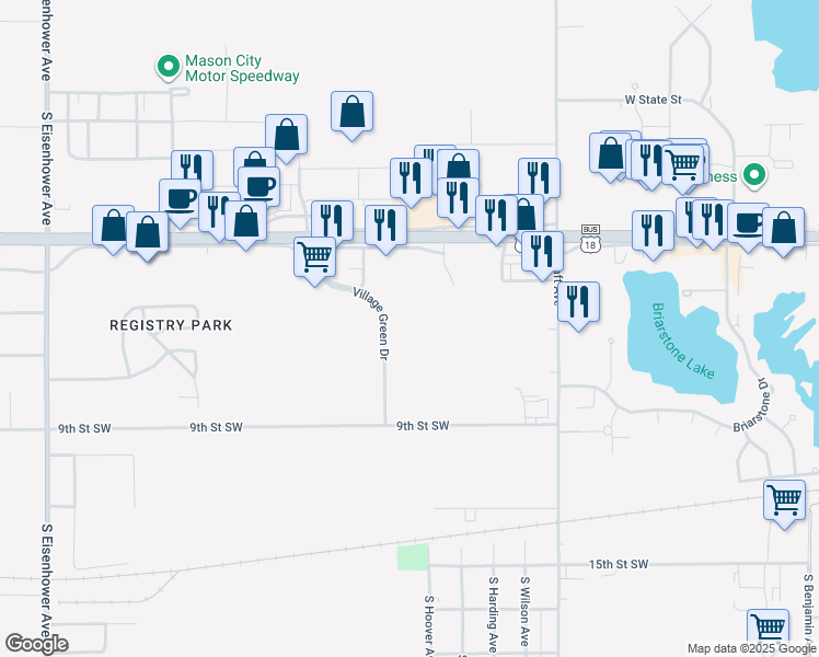 map of restaurants, bars, coffee shops, grocery stores, and more near 625 Village Green Drive in Mason City