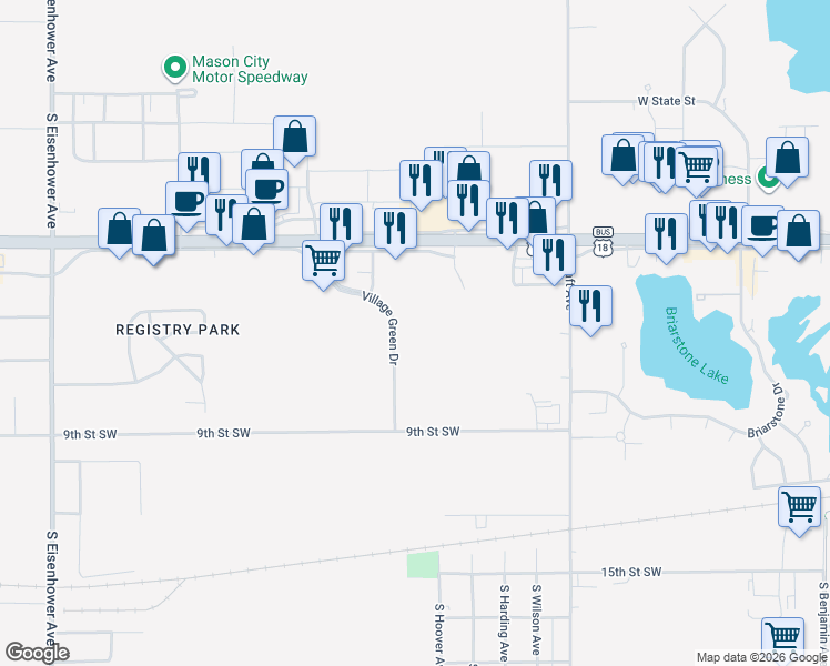 map of restaurants, bars, coffee shops, grocery stores, and more near 625 Village Green Drive in Mason City