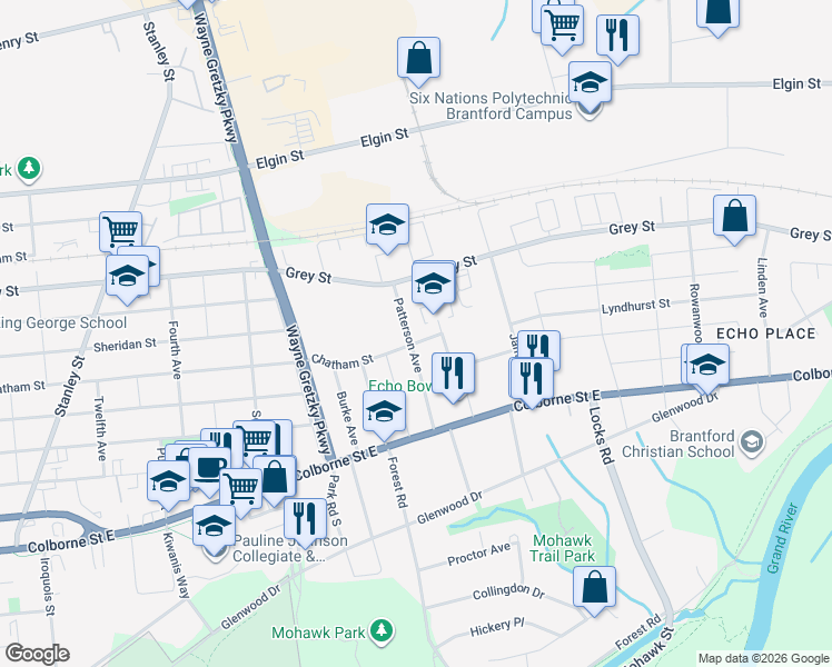 map of restaurants, bars, coffee shops, grocery stores, and more near 29 Patterson Avenue in Brantford