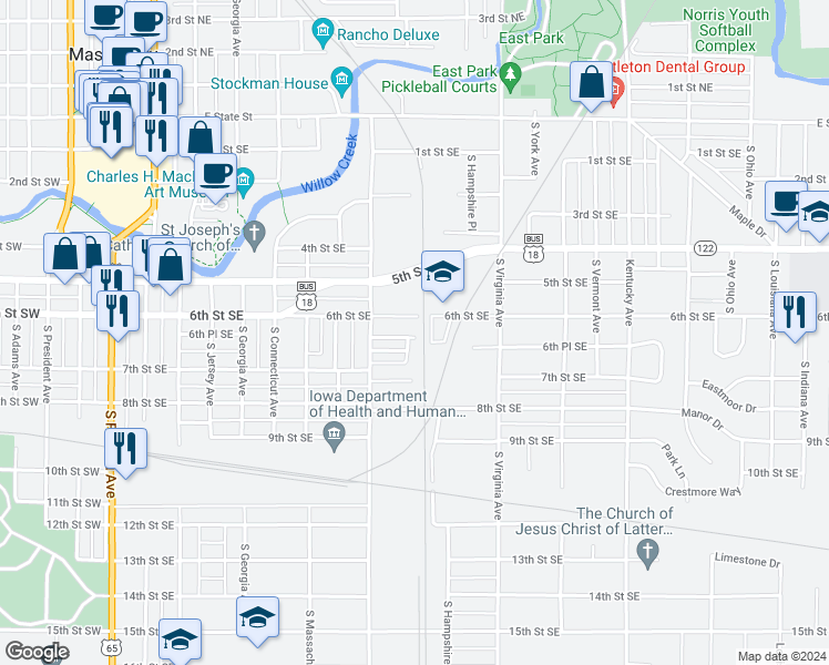 map of restaurants, bars, coffee shops, grocery stores, and more near 638 6th Place Southeast in Mason City